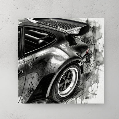 Rear quarter view of black Porsche 911 with rear wing, wide tires, deep monochrome paint, charcoal sketch scribbles trailing off the right side, white background — canvas wall art print