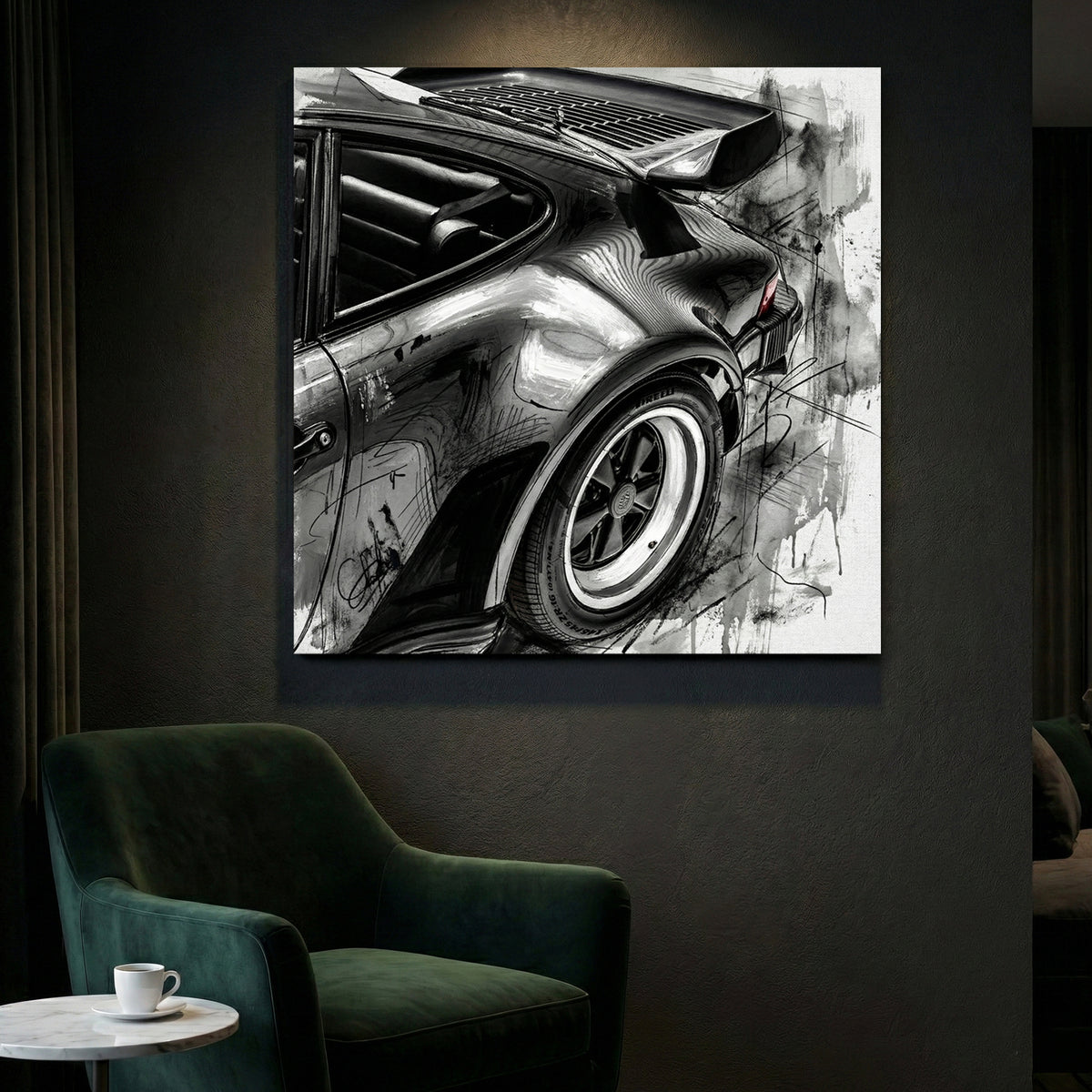 Porsche 911 Rear Quarter Sketch canvas wall art print styled in a modern interior