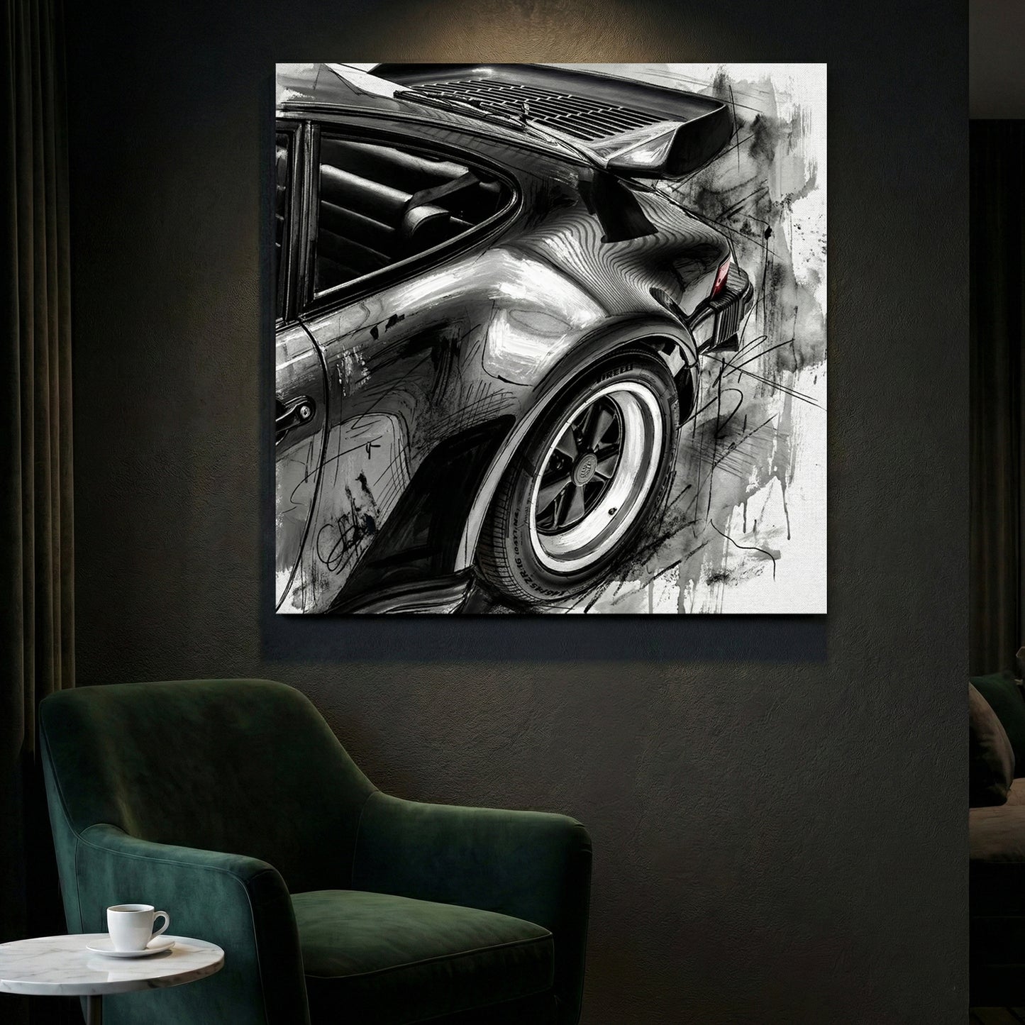 Porsche 911 Rear Quarter Sketch canvas wall art print styled in a modern interior