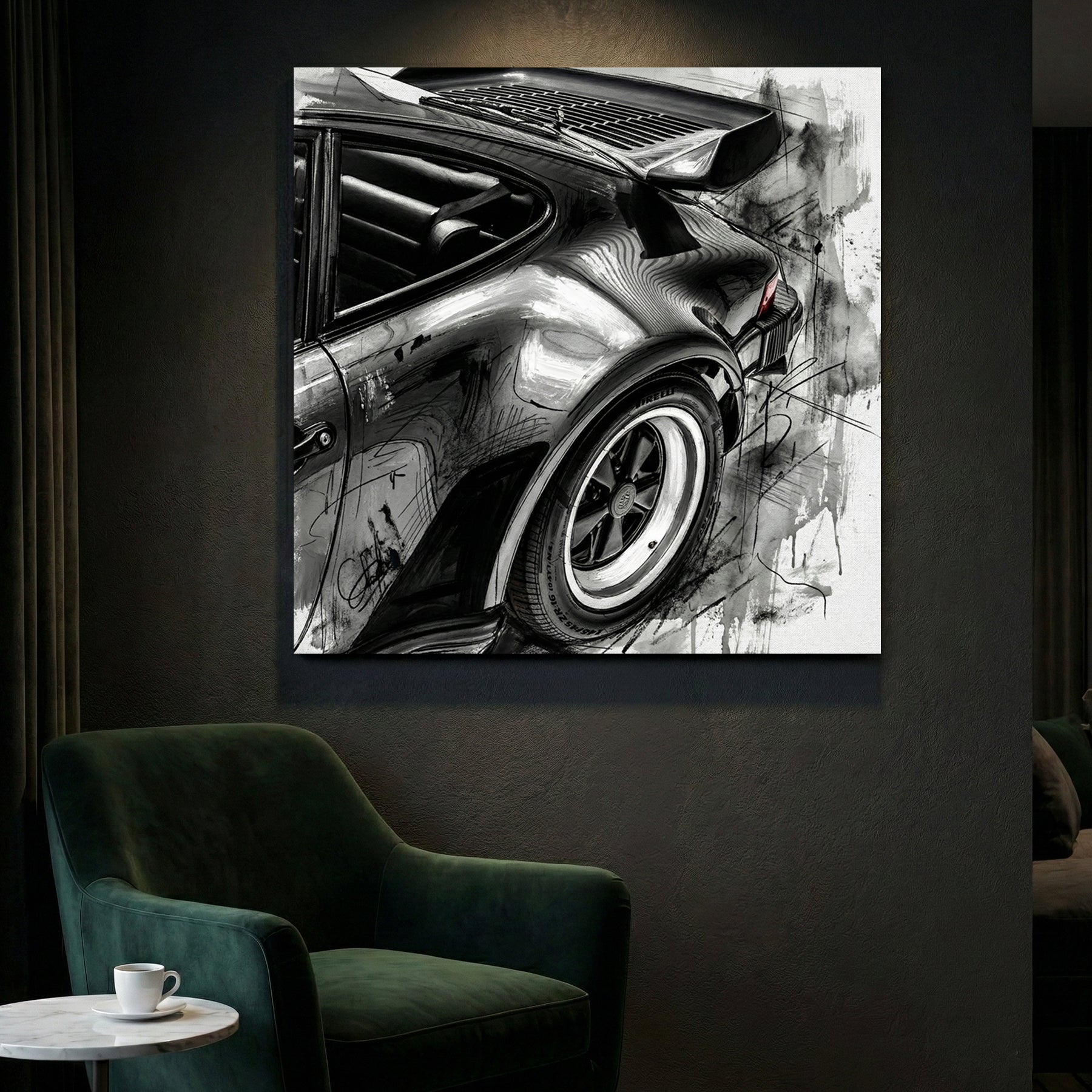 Porsche 911 Rear Quarter Sketch canvas wall art print styled in a modern interior