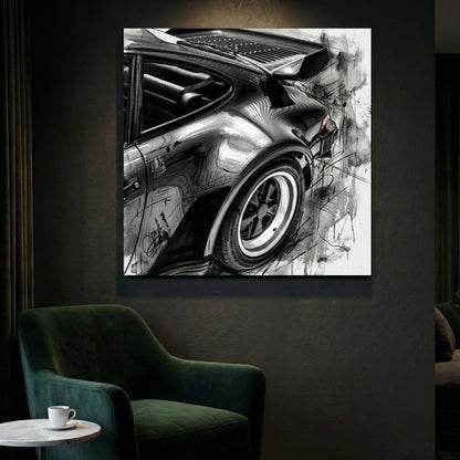 Porsche 911 Rear Quarter Sketch canvas wall art print styled in a modern interior