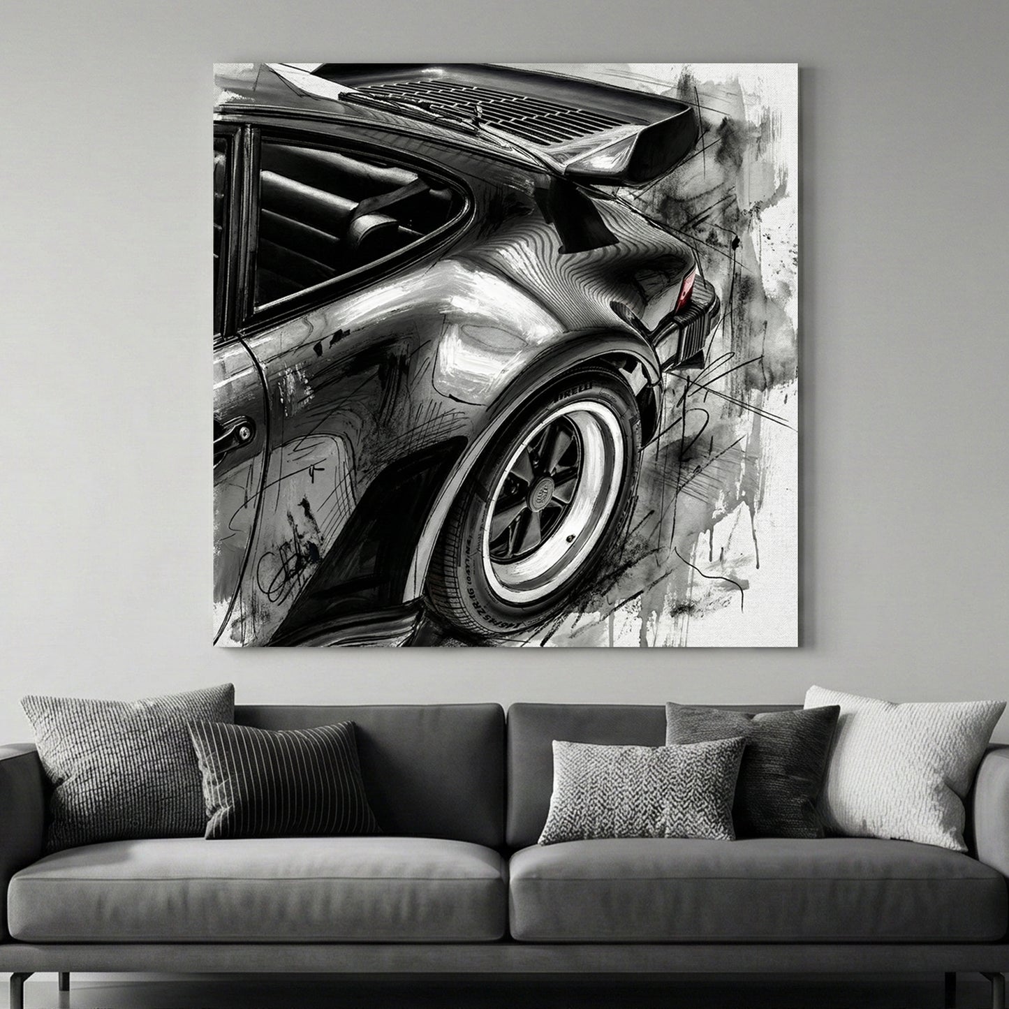 Porsche 911 Rear Quarter Sketch canvas wall art print above a sofa in a contemporary living room