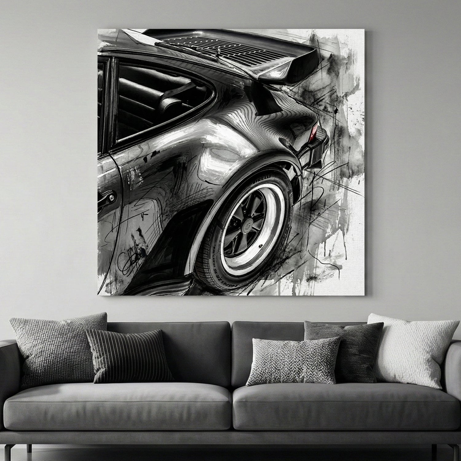 Porsche 911 Rear Quarter Sketch canvas wall art print above a sofa in a contemporary living room