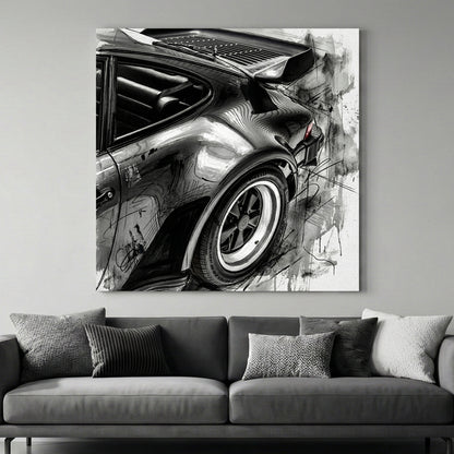 Porsche 911 Rear Quarter Sketch canvas wall art print above a sofa in a contemporary living room