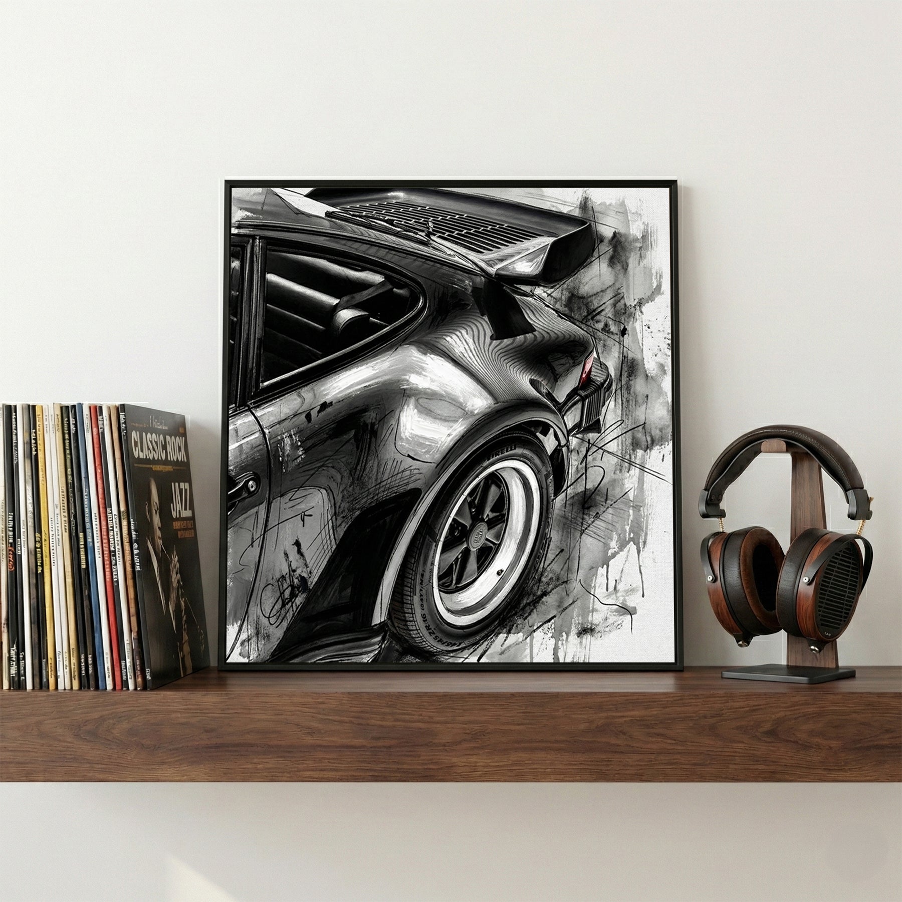 Porsche 911 Rear Quarter Sketch framed canvas wall art print in a gallery-style display