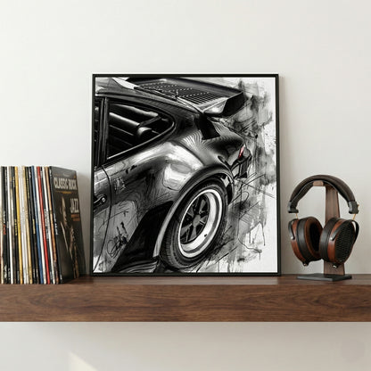 Porsche 911 Rear Quarter Sketch framed canvas wall art print in a gallery-style display