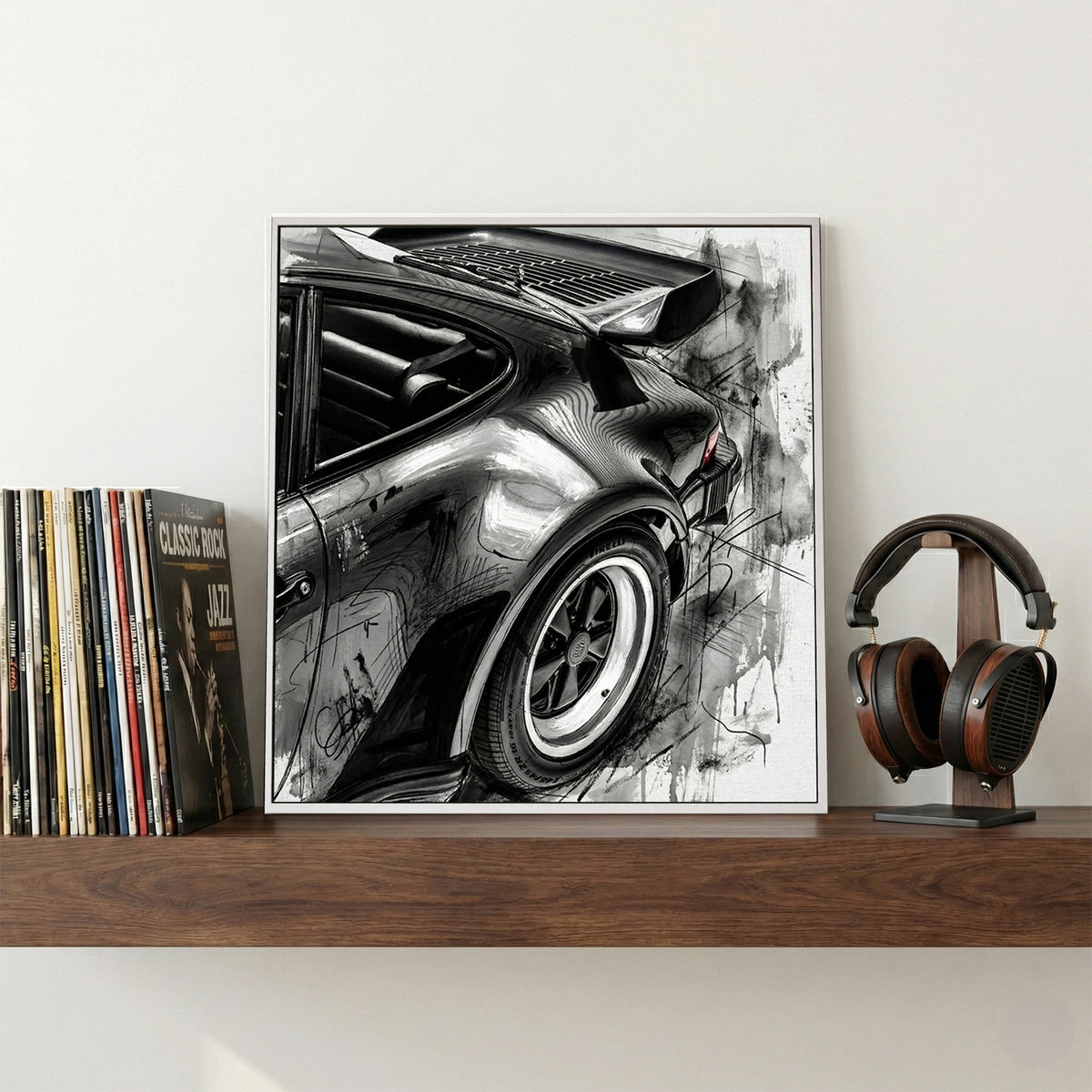 Porsche 911 Rear Quarter Sketch canvas wall art print displayed in a styled living room