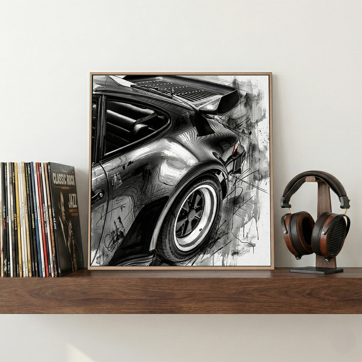 Porsche 911 Rear Quarter Sketch canvas wall art print displayed in a styled living room