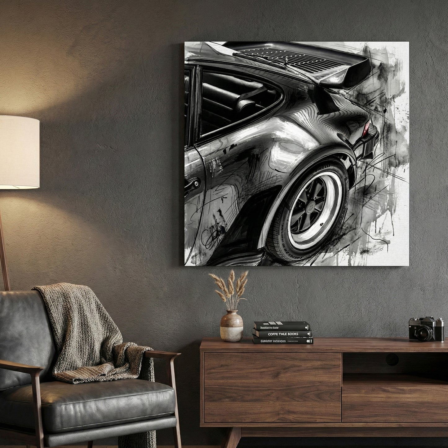 Porsche 911 Rear Quarter Sketch canvas wall art print displayed in a styled living room