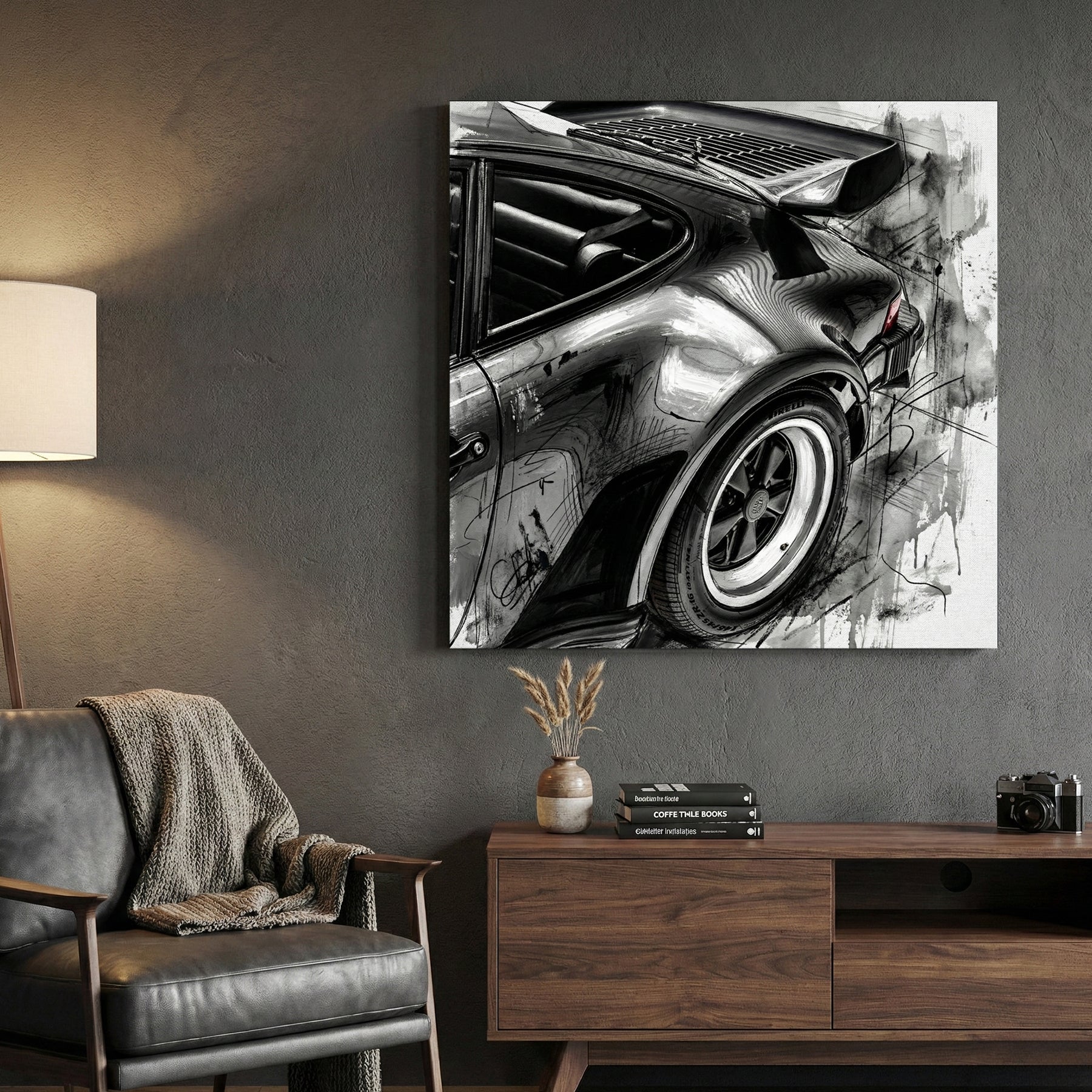 Porsche 911 Rear Quarter Sketch canvas wall art print displayed in a styled living room