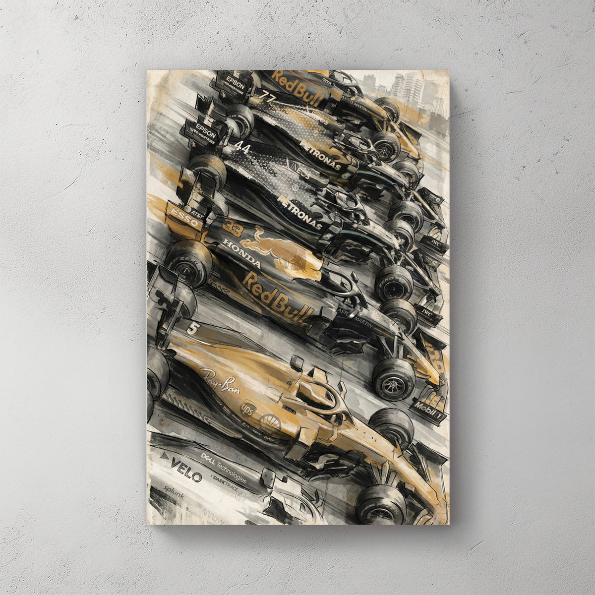Five F1 cars lined up nose-to-tail: Red Bull, two Mercedes (Petronas/Epson liveries), another Red Bull, and a Ferrari, oil painting style in gold and black palette, loose brushwork — canvas wall art print
