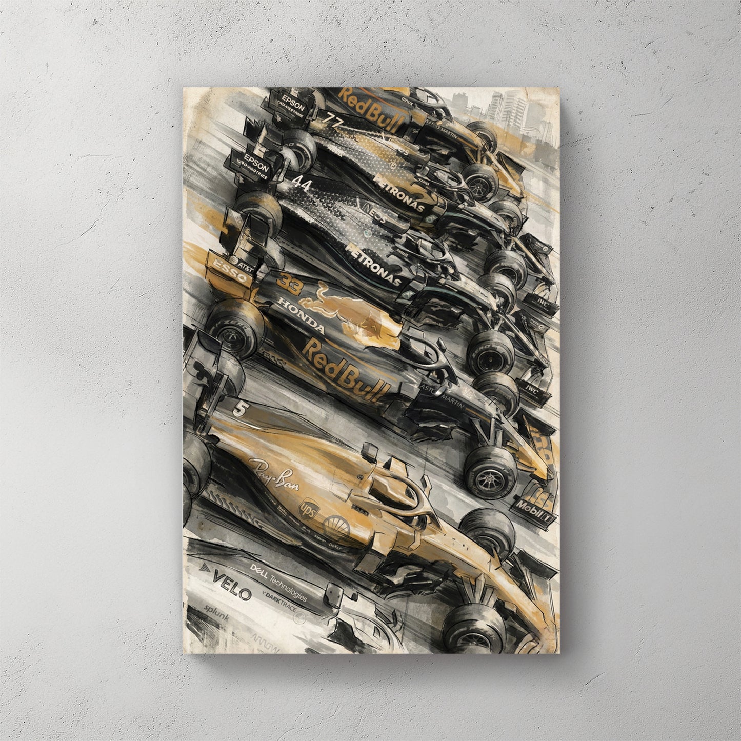 Five F1 cars lined up nose-to-tail: Red Bull, two Mercedes (Petronas/Epson liveries), another Red Bull, and a Ferrari, oil painting style in gold and black palette, loose brushwork — canvas wall art print