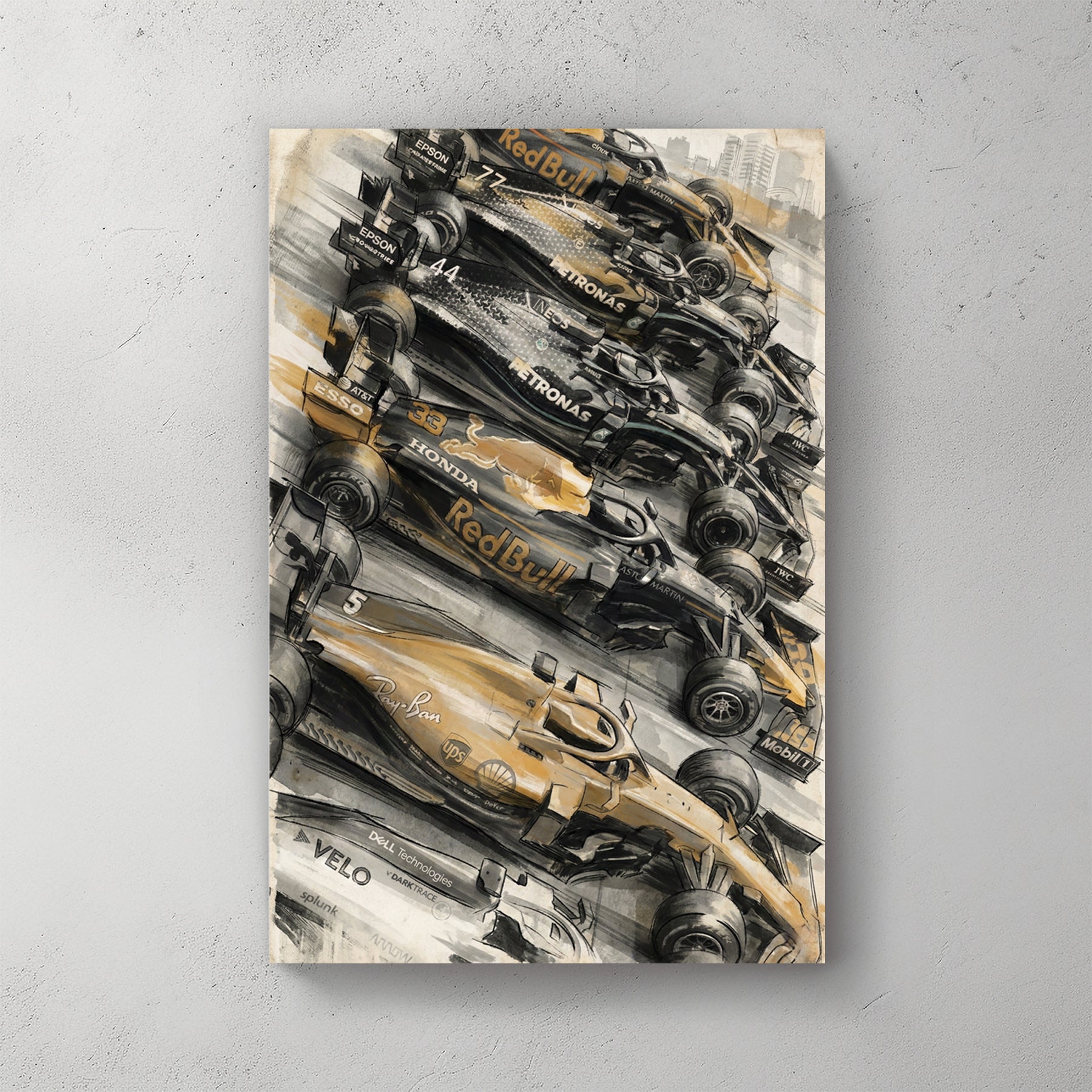 Five F1 cars lined up nose-to-tail: Red Bull, two Mercedes (Petronas/Epson liveries), another Red Bull, and a Ferrari, oil painting style in gold and black palette, loose brushwork — canvas wall art print