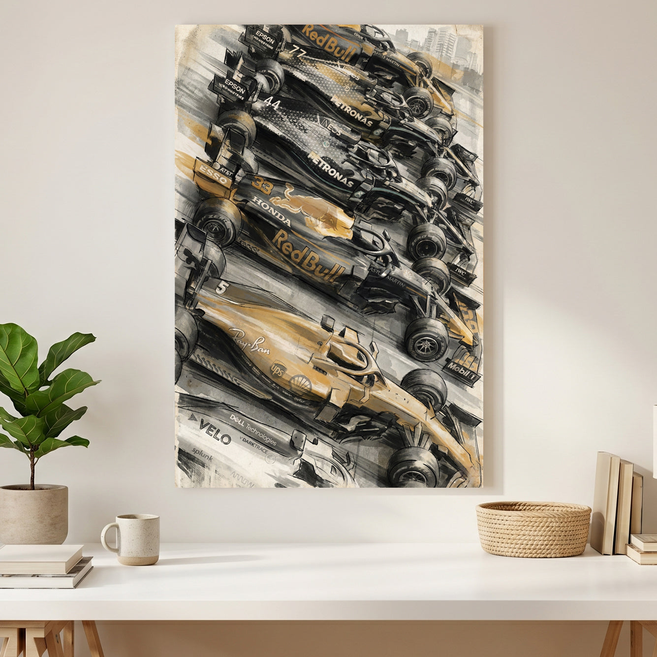 F1 Race Lineup Oil Painting canvas wall art print styled in a modern interior