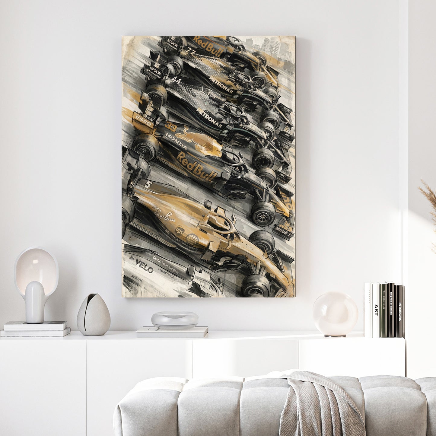 F1 Race Lineup Oil Painting canvas wall art print above a sofa in a contemporary living room