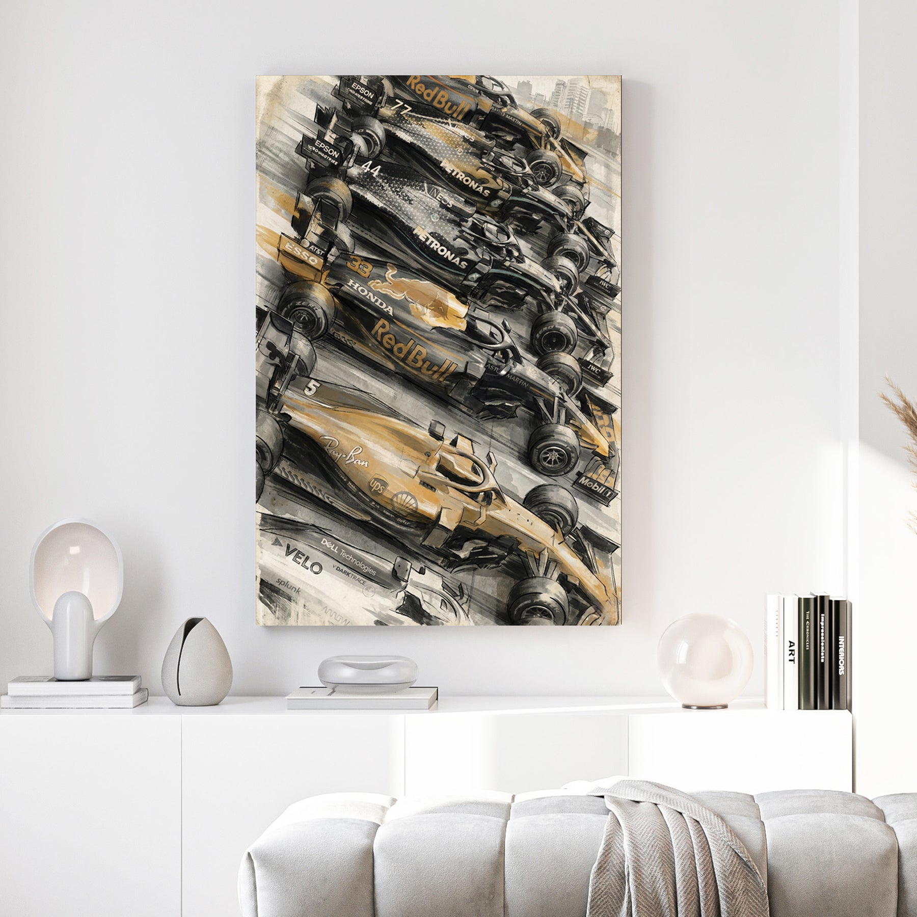 F1 Race Lineup Oil Painting canvas wall art print above a sofa in a contemporary living room