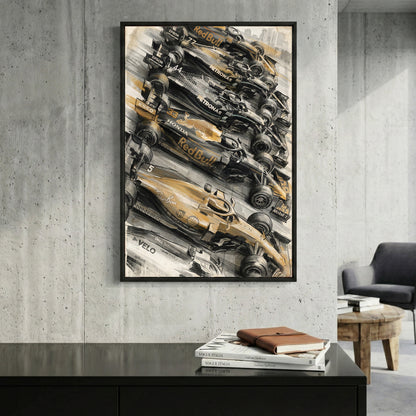 F1 Race Lineup Oil Painting framed canvas wall art print in a gallery-style display