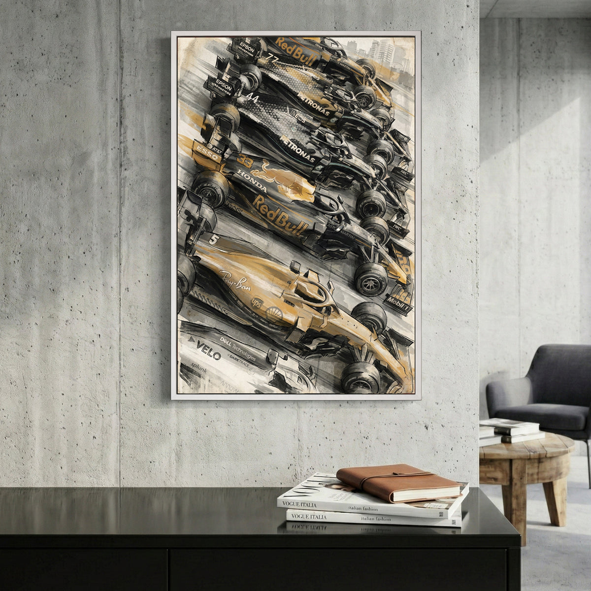 F1 Race Lineup Oil Painting canvas wall art print displayed in a styled living room