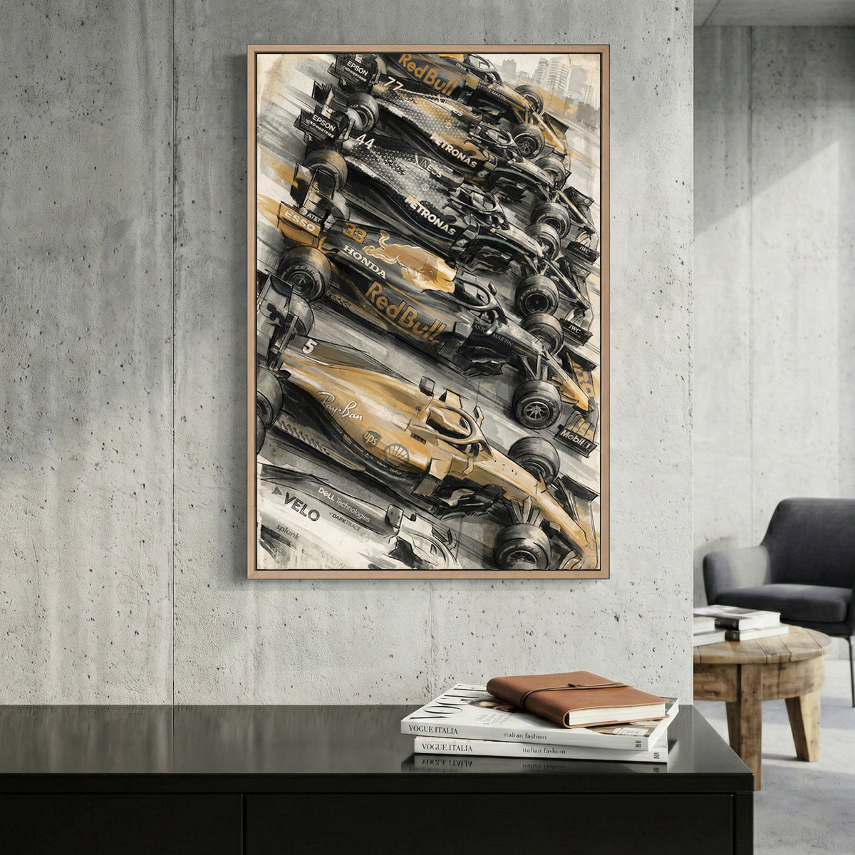F1 Race Lineup Oil Painting canvas wall art print displayed in a styled living room