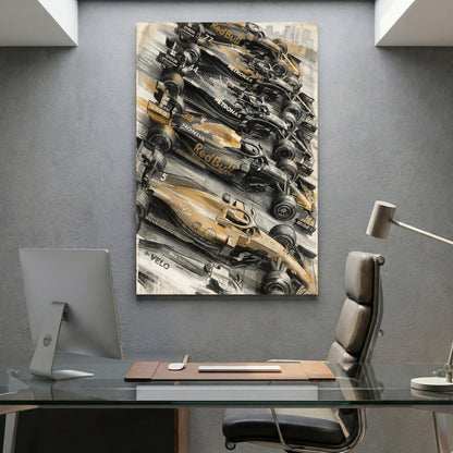 F1 Race Lineup Oil Painting canvas wall art print displayed in a styled living room