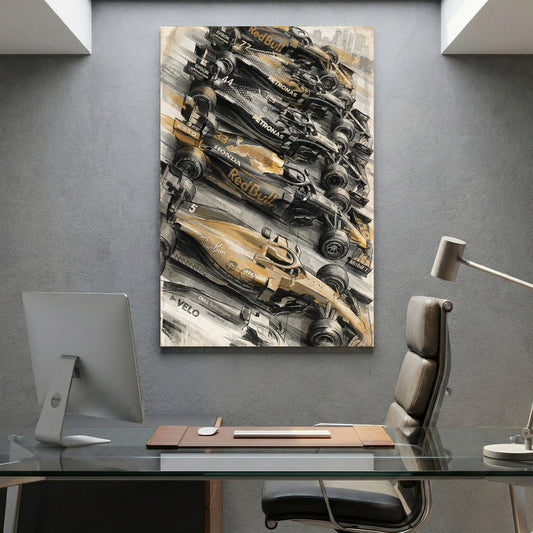 F1 Race Lineup Oil Painting canvas wall art print displayed in a styled living room