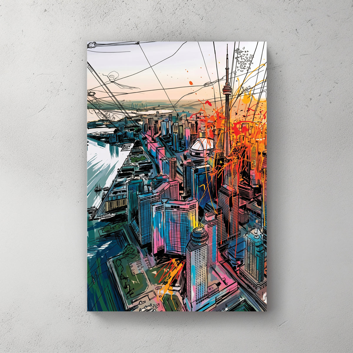 Toronto aerial skyline: CN Tower, Rogers Centre dome, waterfront, ink line drawing with orange and pink marker splashes — canvas wall art print