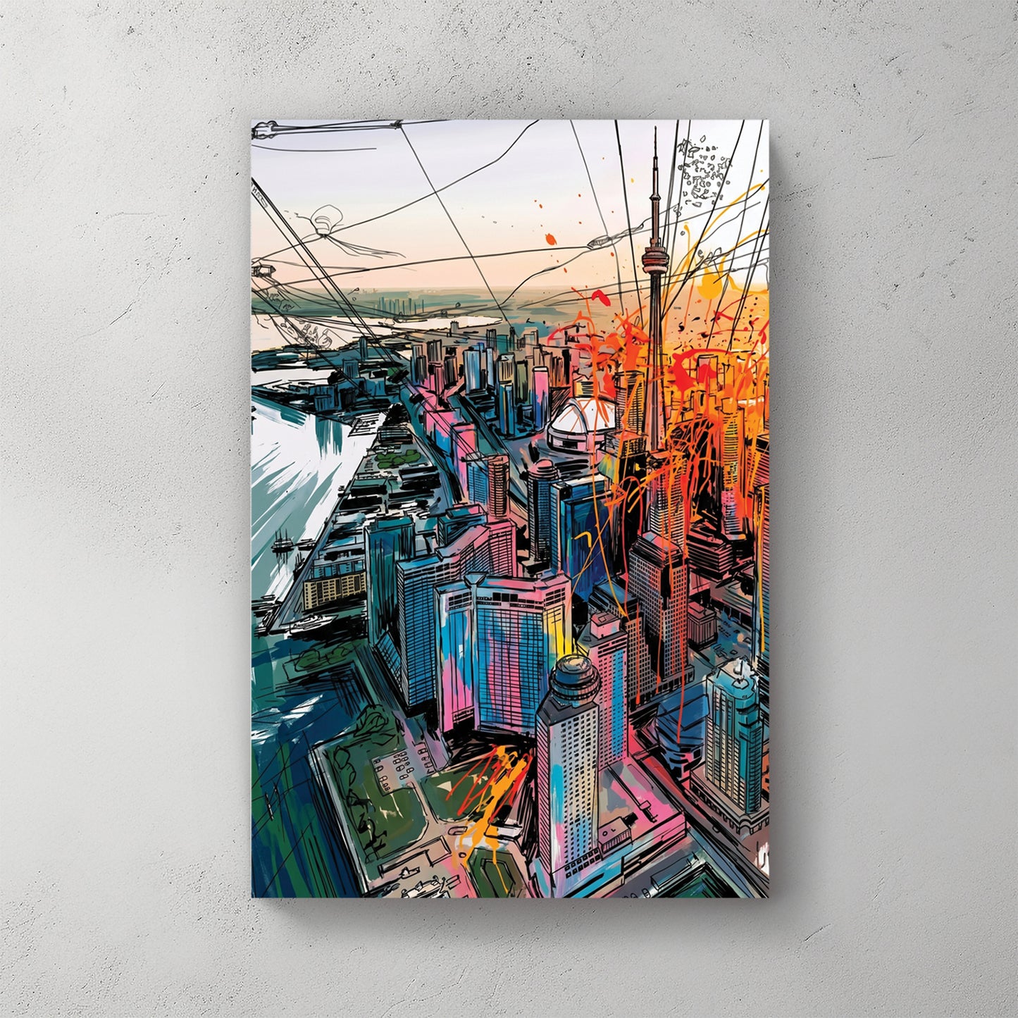 Toronto aerial skyline: CN Tower, Rogers Centre dome, waterfront, ink line drawing with orange and pink marker splashes — canvas wall art print