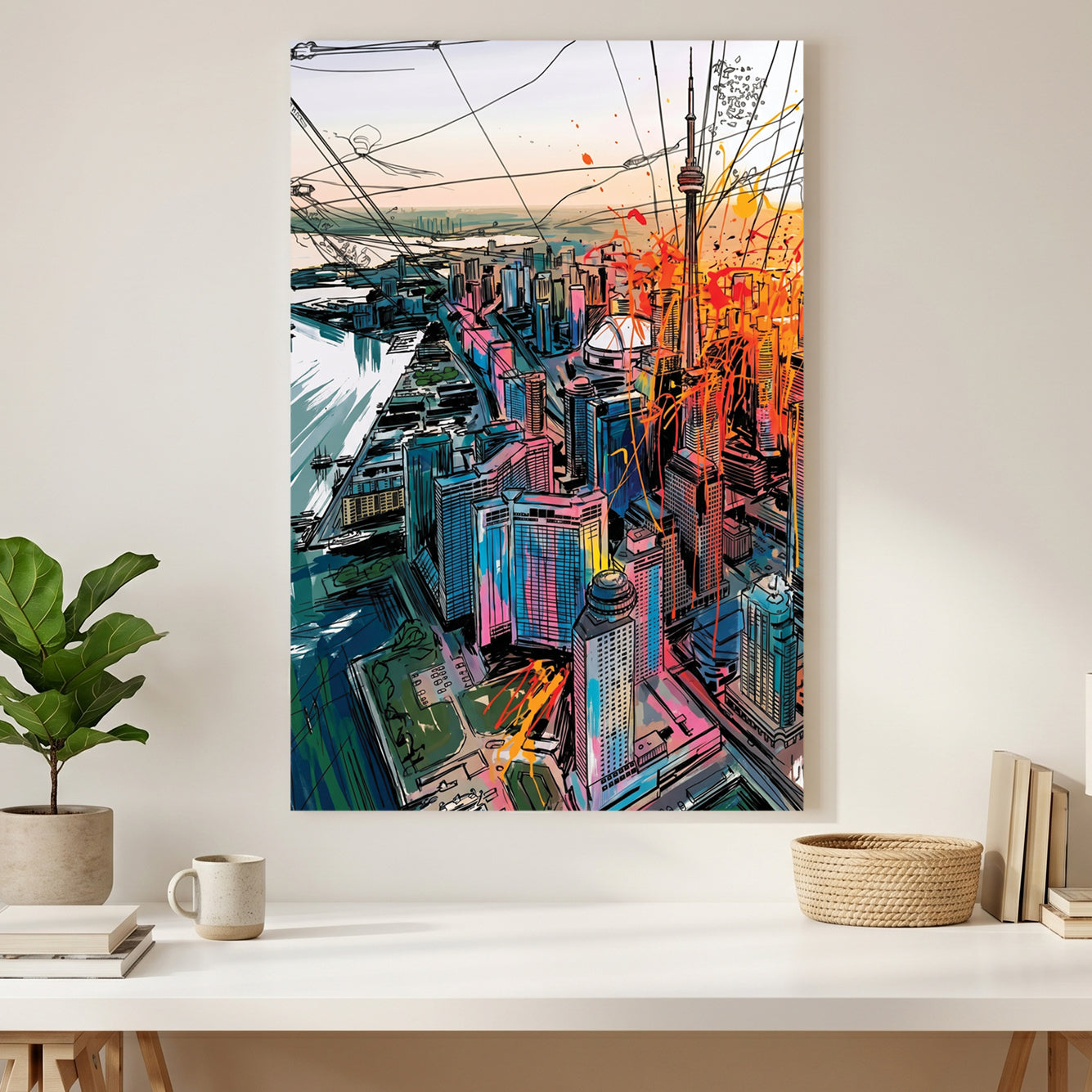 Toronto Aerial Skyline Colourful canvas wall art print styled in a modern interior
