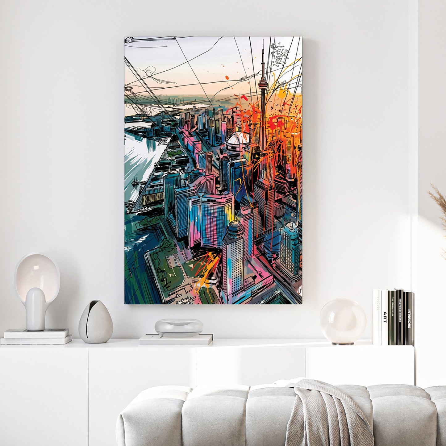 Toronto Aerial Skyline Colourful canvas wall art print above a sofa in a contemporary living room