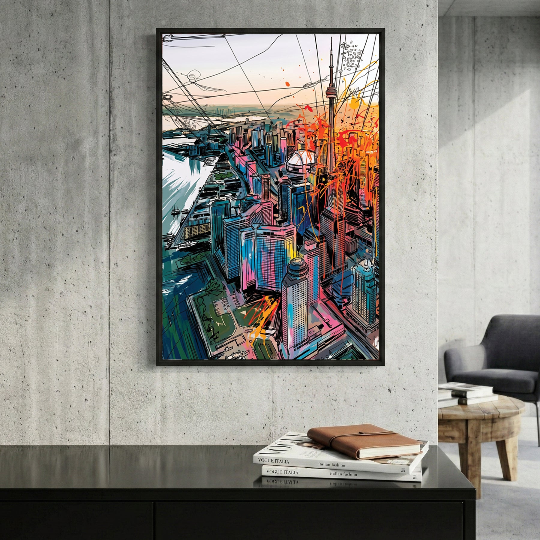 Toronto Aerial Skyline Colourful framed canvas wall art print in a gallery-style display
