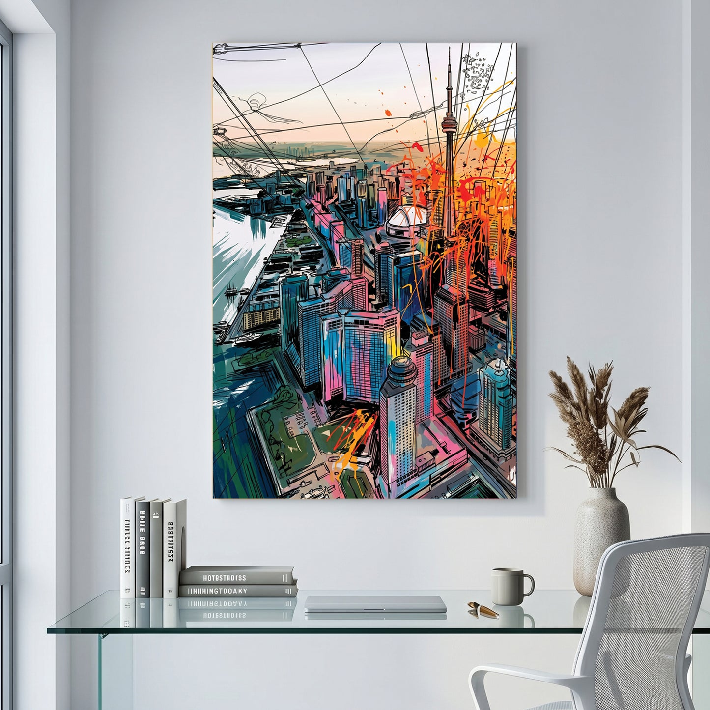 Toronto Aerial Skyline Colourful canvas wall art print displayed in a styled living room