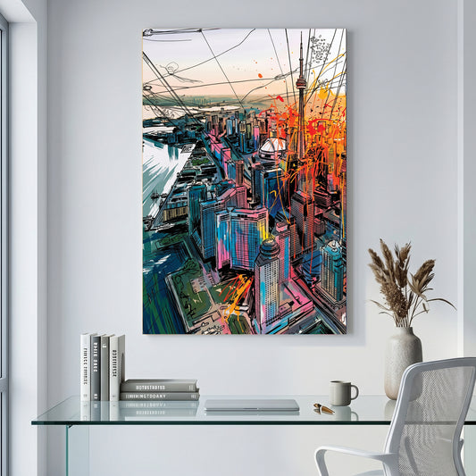 Toronto Aerial Skyline Colourful canvas wall art print displayed in a styled living room