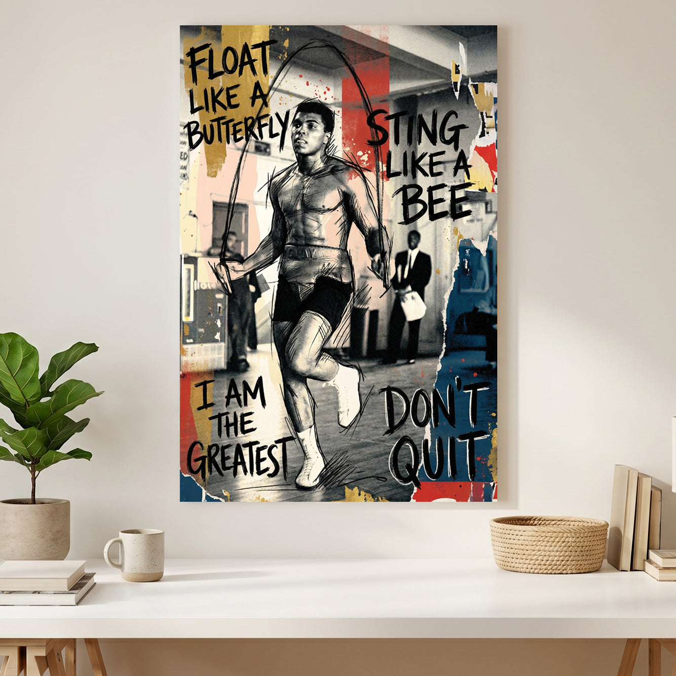 Muhammad Ali Float Like a Butterfly canvas wall art print styled in a modern interior