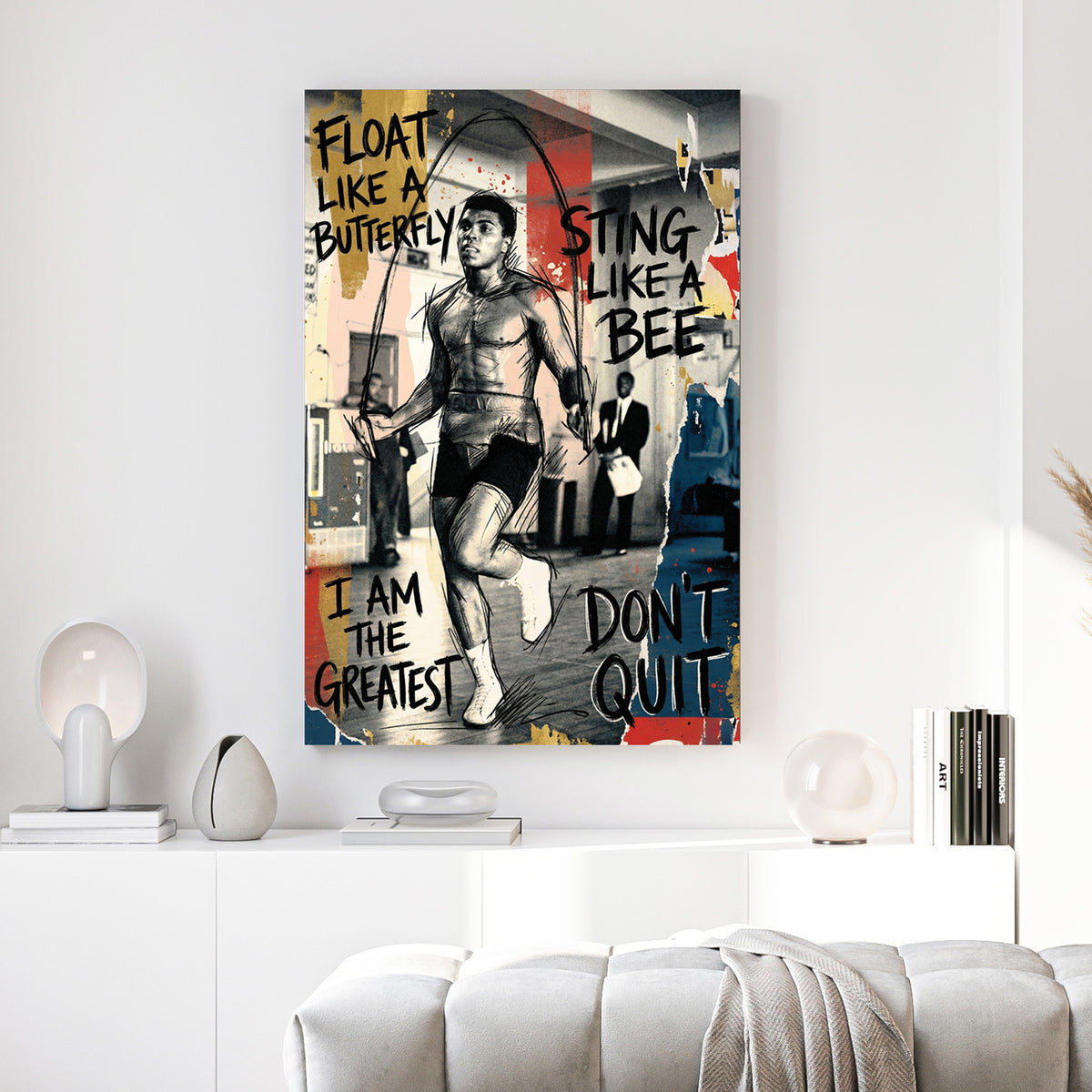 Muhammad Ali Float Like a Butterfly canvas wall art print above a sofa in a contemporary living room