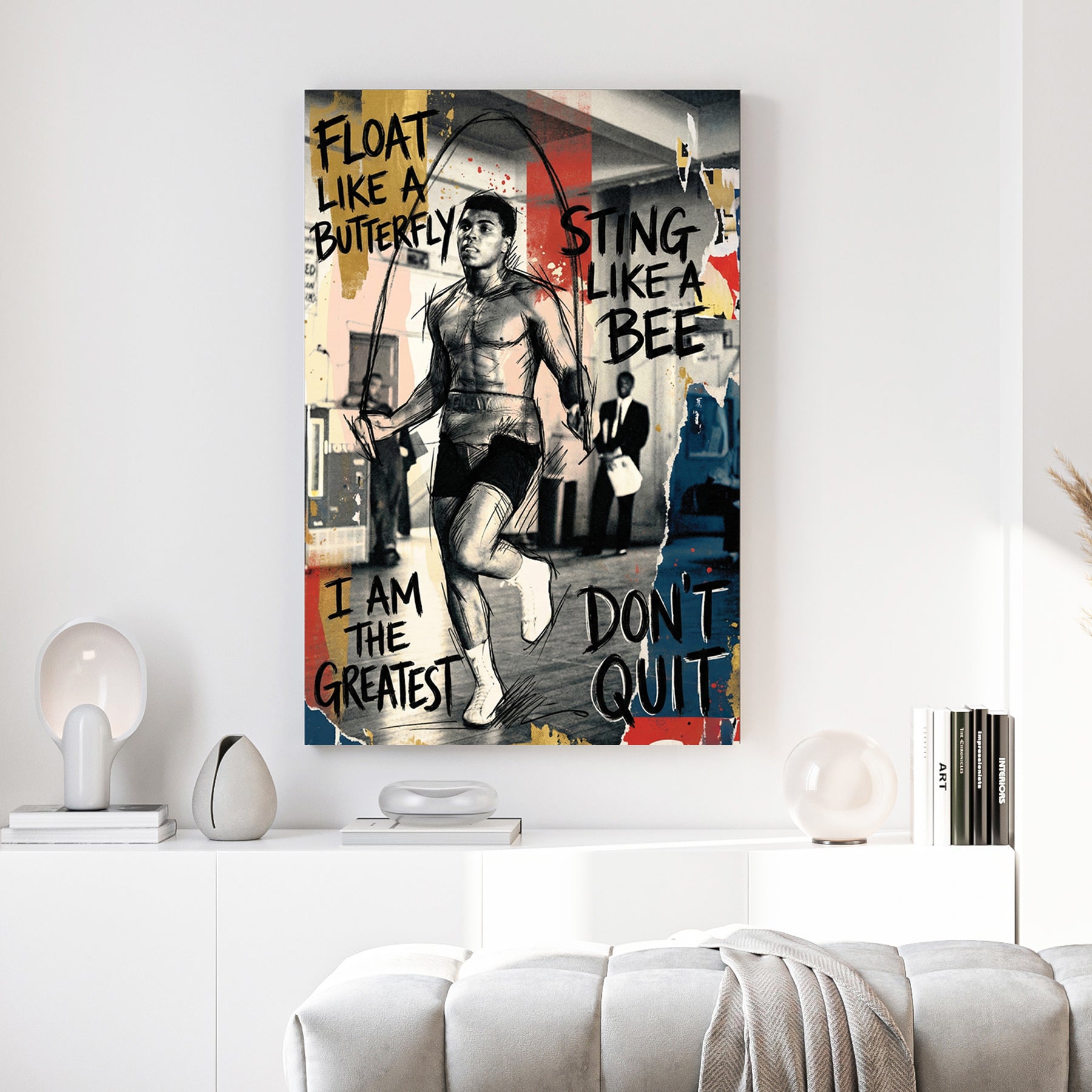 Muhammad Ali Float Like a Butterfly canvas wall art print above a sofa in a contemporary living room