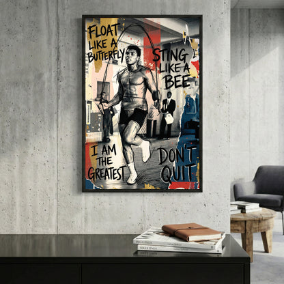 Muhammad Ali Float Like a Butterfly framed canvas wall art print in a gallery-style display