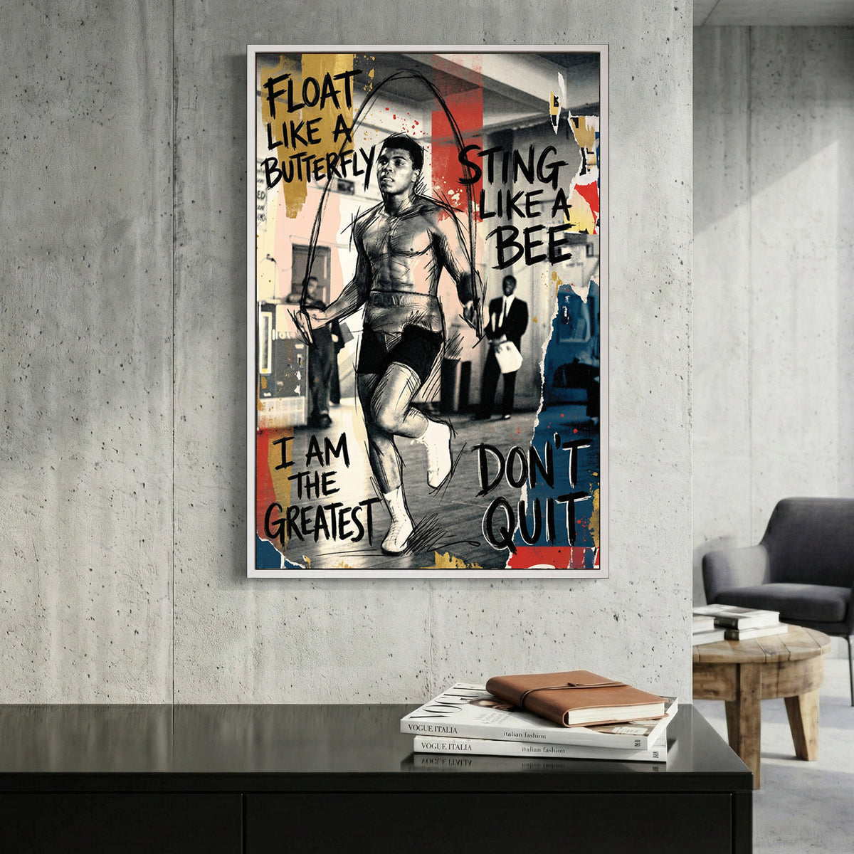 Muhammad Ali Float Like a Butterfly canvas wall art print displayed in a styled living room