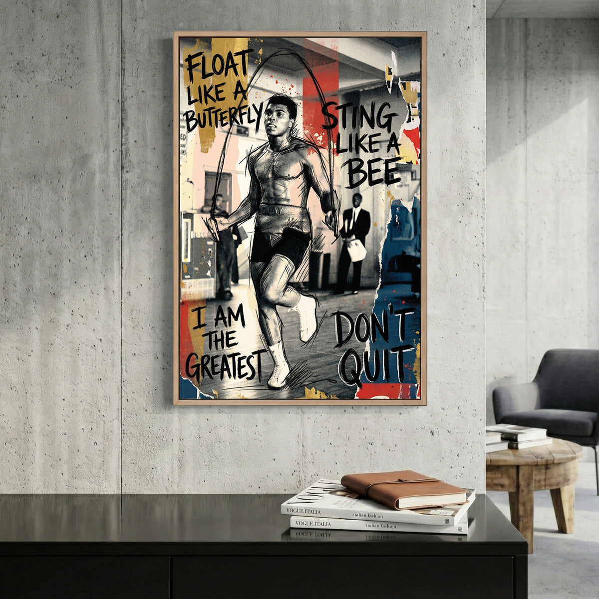 Muhammad Ali Float Like a Butterfly canvas wall art print displayed in a styled living room