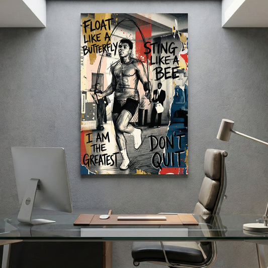 Muhammad Ali Float Like a Butterfly canvas wall art print displayed in a styled living room