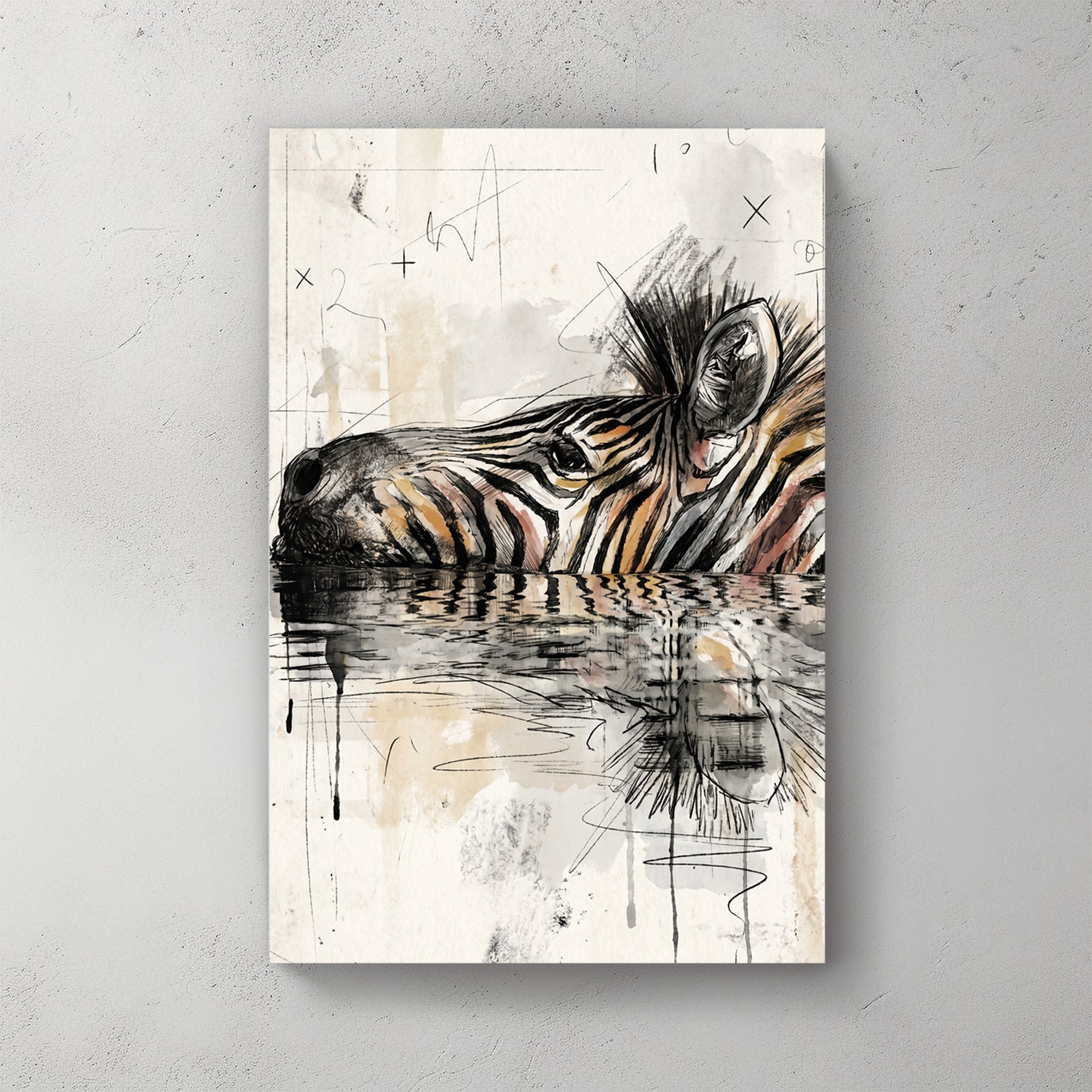 Zebra head reflected in water, watercolour style, drips, neutral palette with rust accents — canvas wall art print