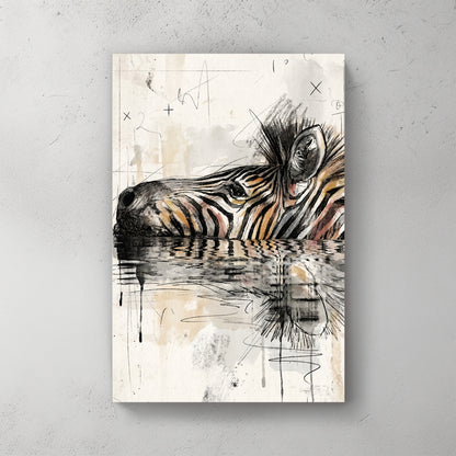 Zebra head reflected in water, watercolour style, drips, neutral palette with rust accents — canvas wall art print