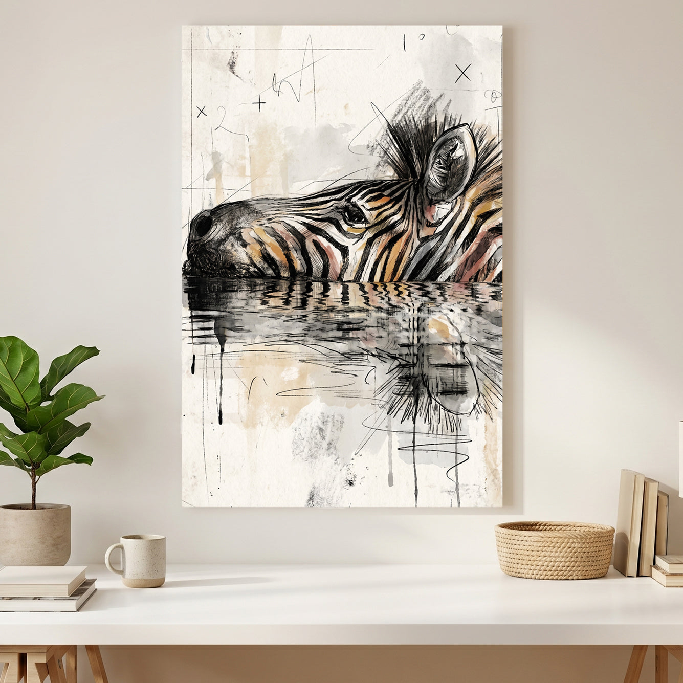 Zebra Water Reflection Painting canvas wall art print styled in a modern interior