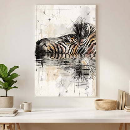 Zebra Water Reflection Painting canvas wall art print styled in a modern interior