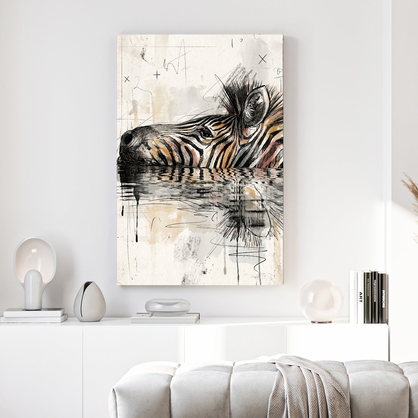 Zebra Water Reflection Painting canvas wall art print above a sofa in a contemporary living room