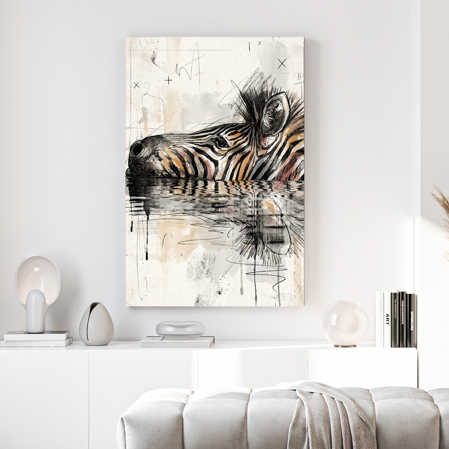 Zebra Water Reflection Painting canvas wall art print above a sofa in a contemporary living room