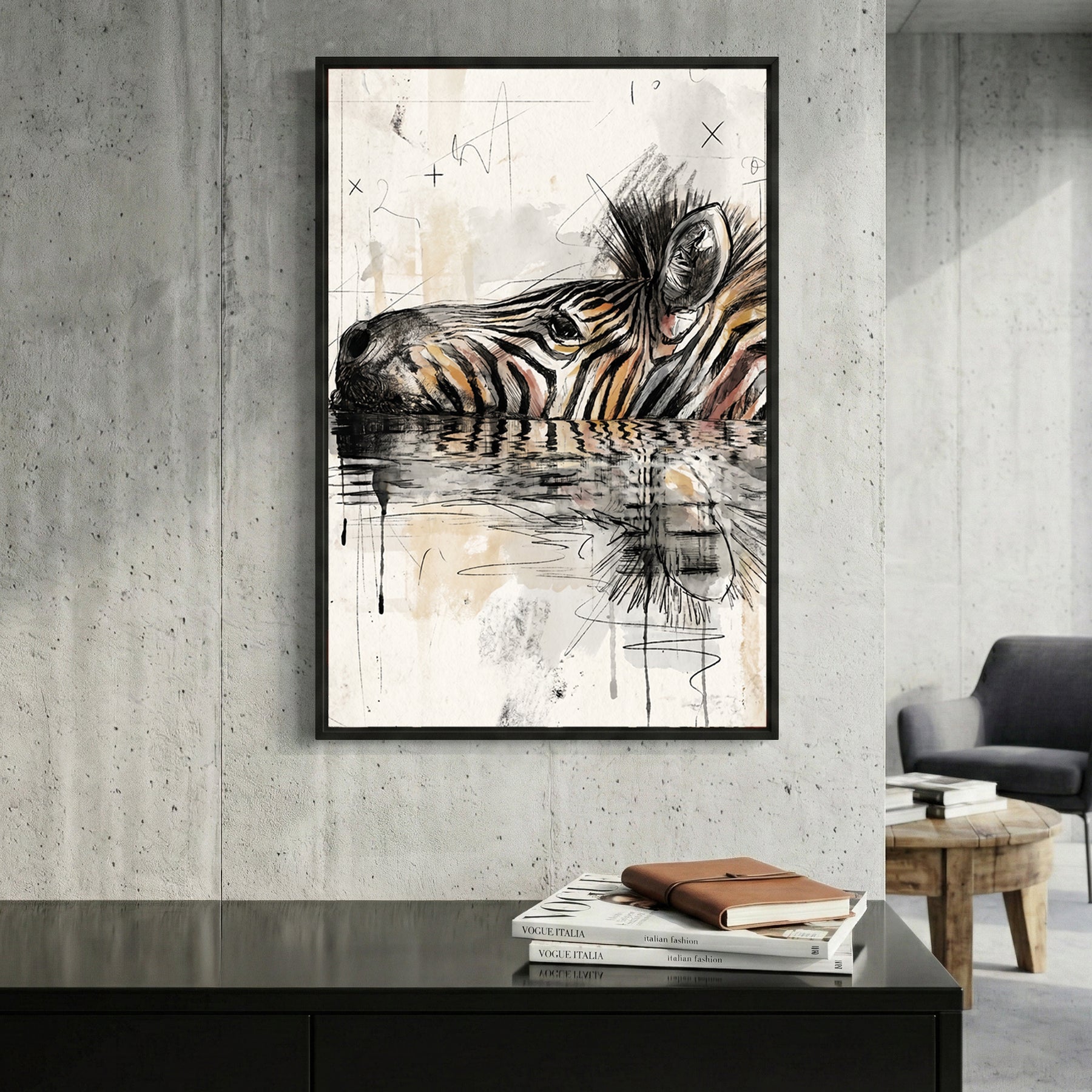 Zebra Water Reflection Painting framed canvas wall art print in a gallery-style display