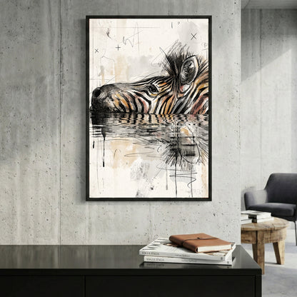 Zebra Water Reflection Painting framed canvas wall art print in a gallery-style display