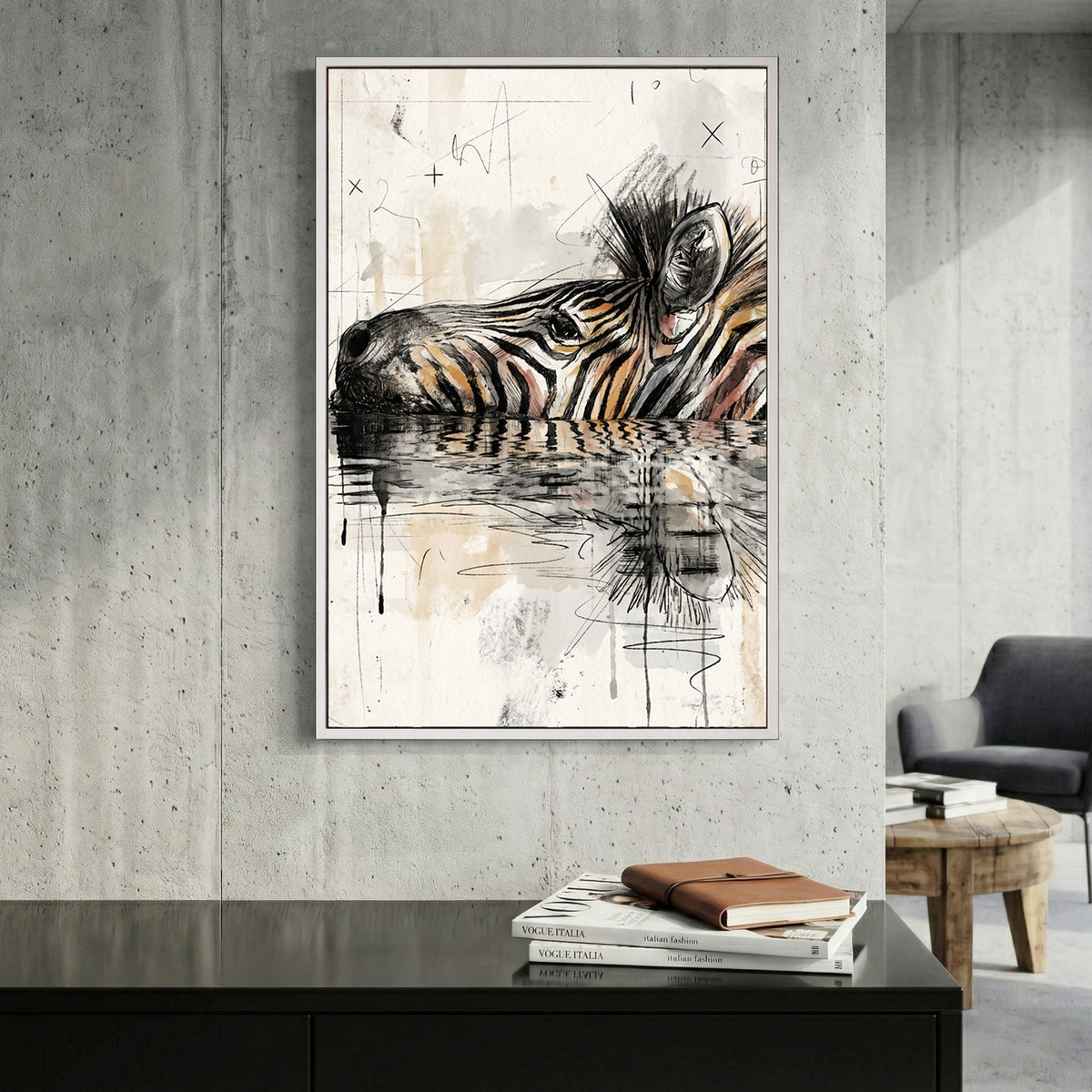 Zebra Water Reflection Painting canvas wall art print displayed in a styled living room