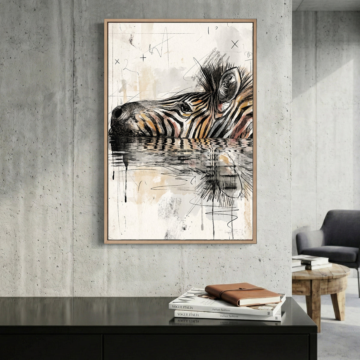 Zebra Water Reflection Painting canvas wall art print displayed in a styled living room