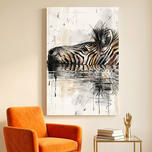 Zebra Water Reflection Painting canvas wall art print displayed in a styled living room